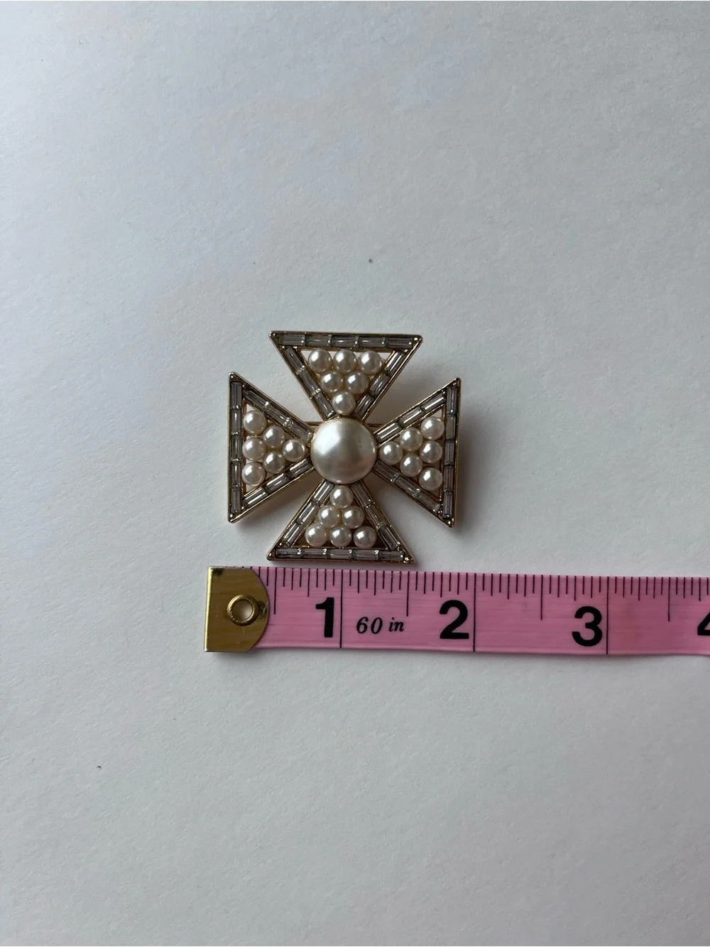 Vintage Maltese Cross Gold Tone Faux Pearl Brooch